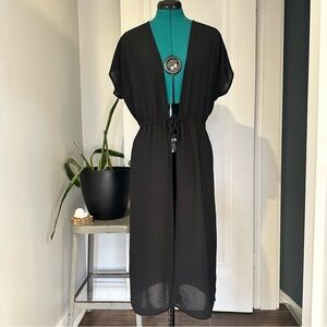 J.Jill Black Sheer Kimono Cover-Up with Drawstring Waist